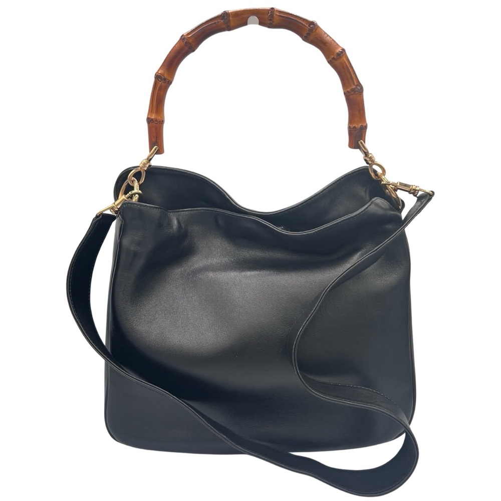Vintage Gucci Black Leather Shoulder Bag with Bamboo Handle
